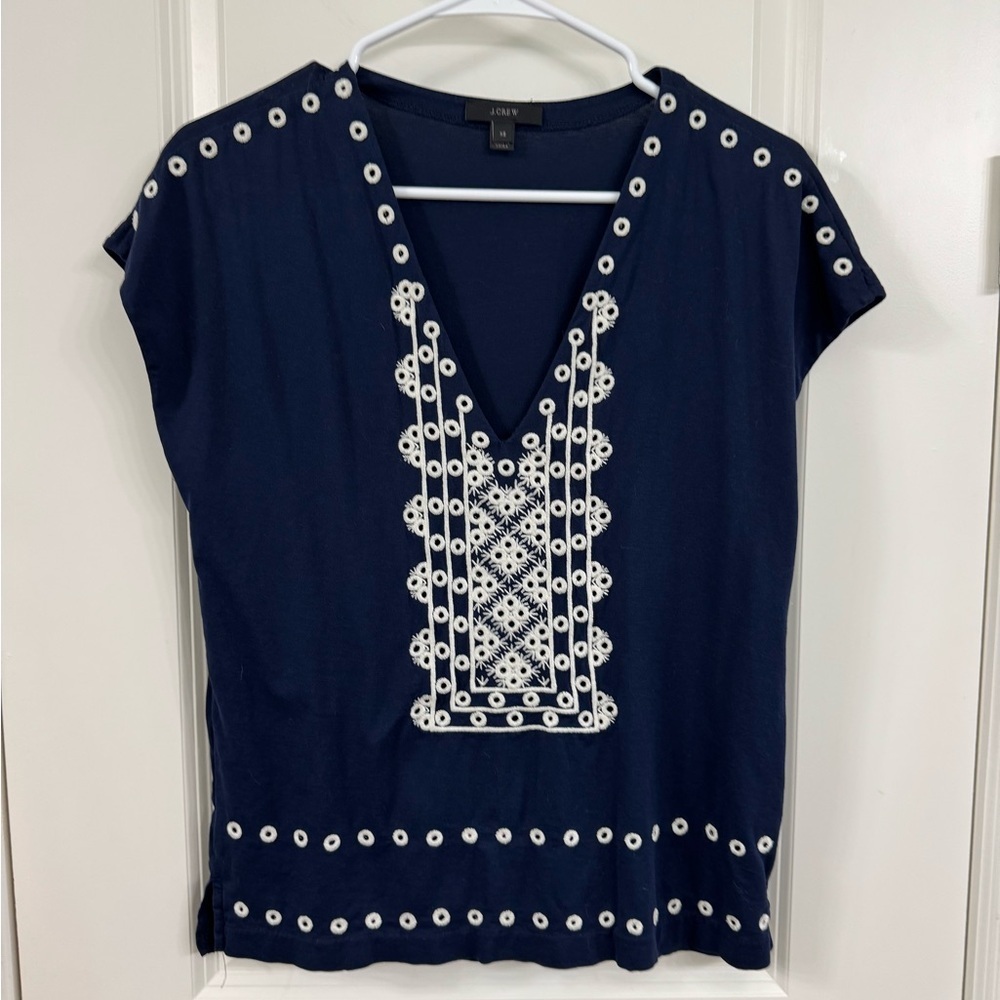 J. Crew Dark Blue Top with White Embroidery